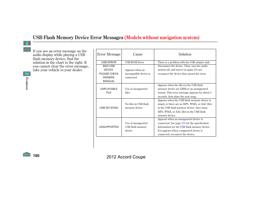 Usb flashmemory device error messages, 2012 accord coupe | HONDA 2012 Accord Coupe User Manual | Page 183 / 454