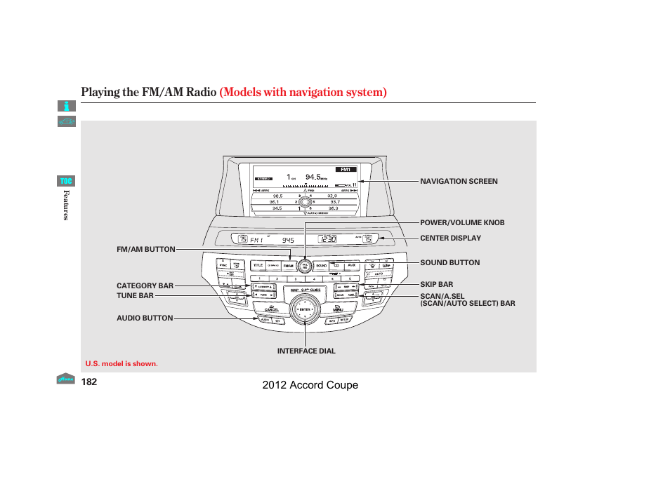 Playing the fm/am radio, 2012 accord coupe | HONDA 2012 Accord Coupe User Manual | Page 185 / 454