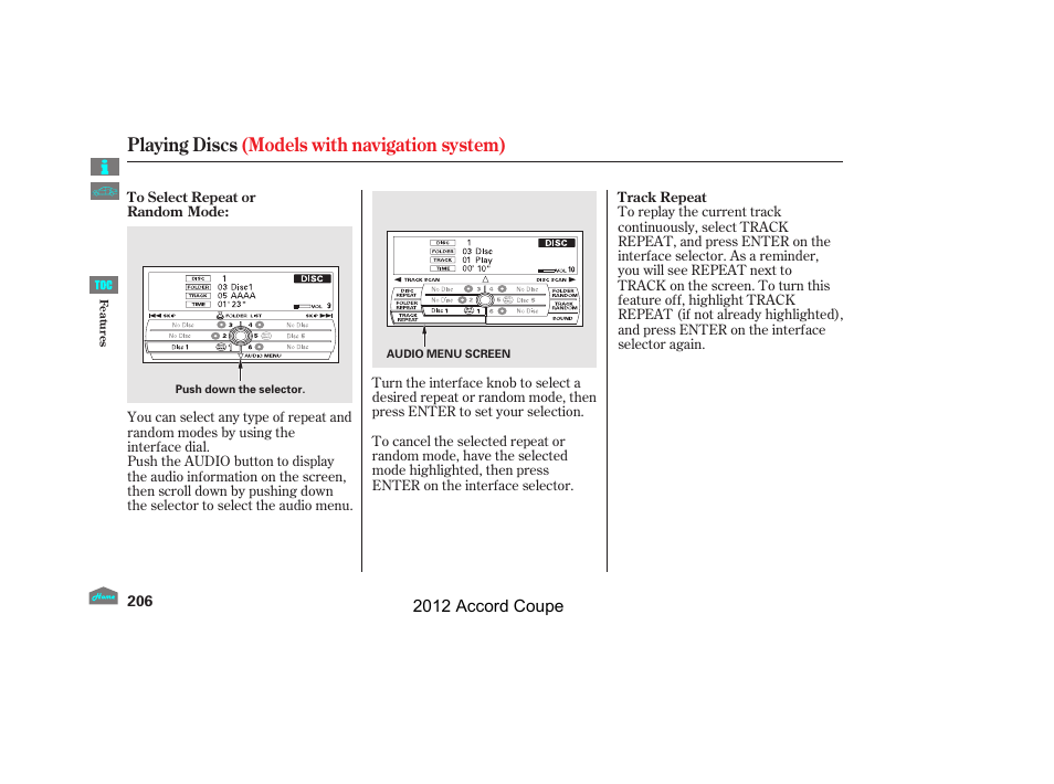 Playing discs (models with navigation system) | HONDA 2012 Accord Coupe User Manual | Page 209 / 454