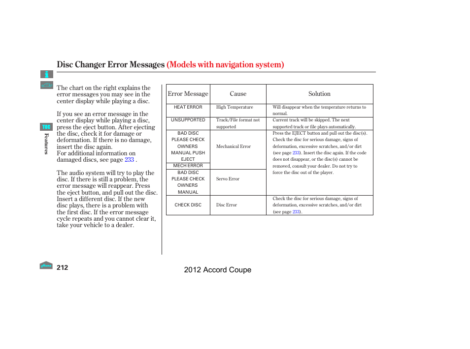Disc changer error messages, 2012 accord coupe | HONDA 2012 Accord Coupe User Manual | Page 215 / 454