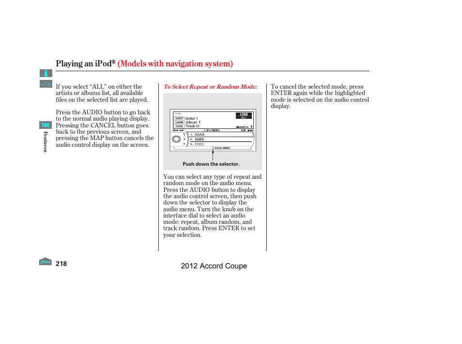 Playing an ipod (models with navigation system) | HONDA 2012 Accord Coupe User Manual | Page 221 / 454
