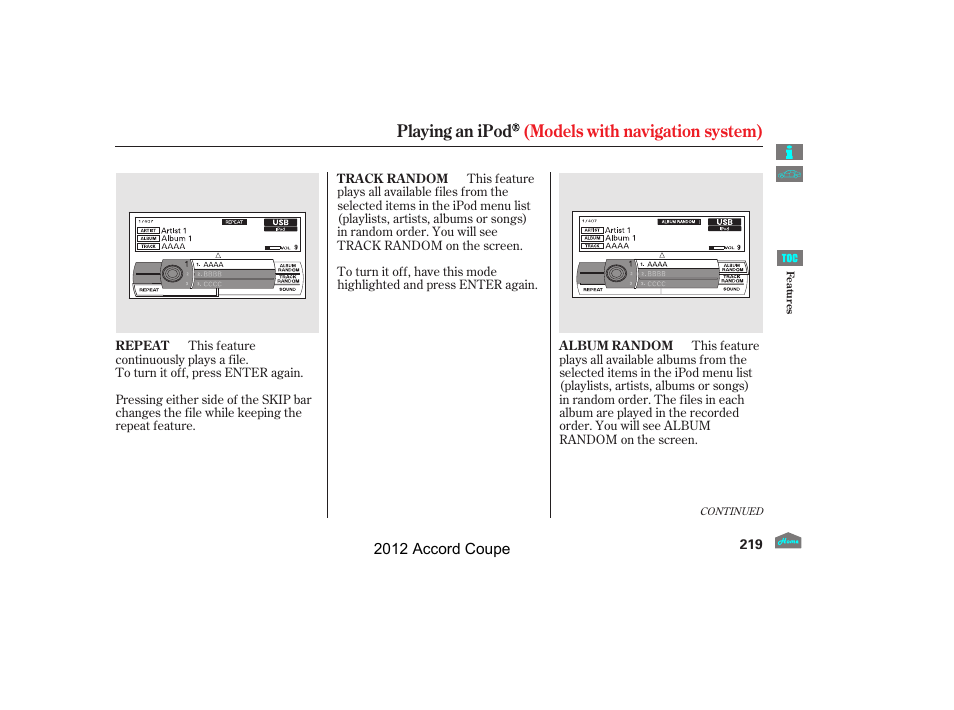 Playing an ipod (models with navigation system) | HONDA 2012 Accord Coupe User Manual | Page 222 / 454