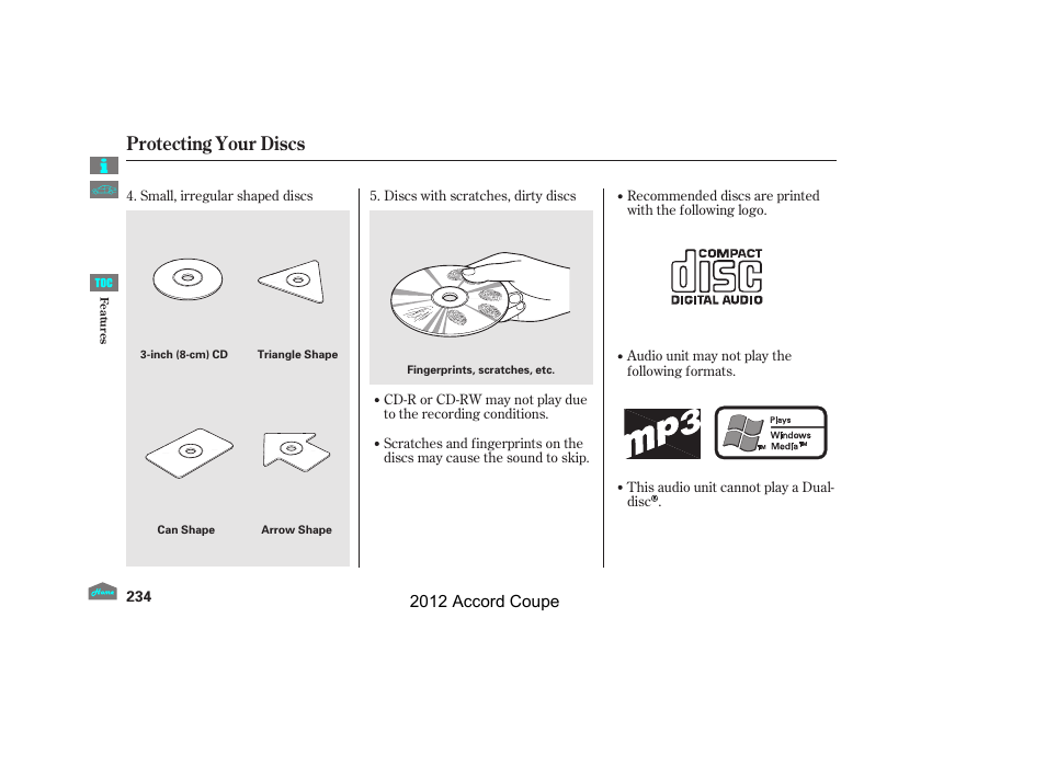 Protecting your discs, 2012 accord coupe | HONDA 2012 Accord Coupe User Manual | Page 237 / 454