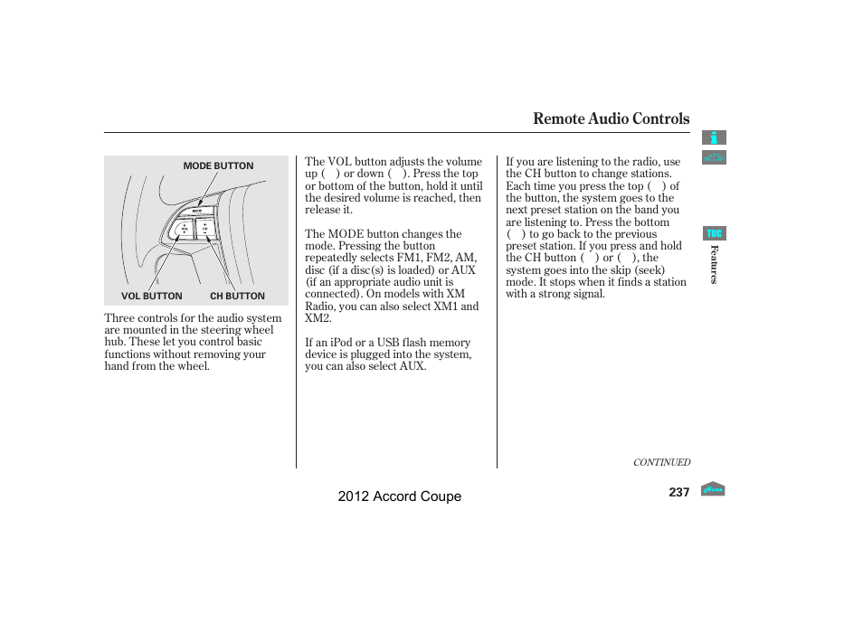 Remote audio controls | HONDA 2012 Accord Coupe User Manual | Page 240 / 454