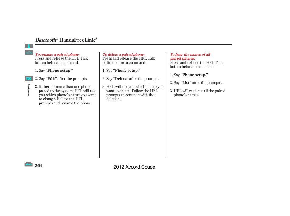 Handsfreelink, Bluetooth | HONDA 2012 Accord Coupe User Manual | Page 267 / 454