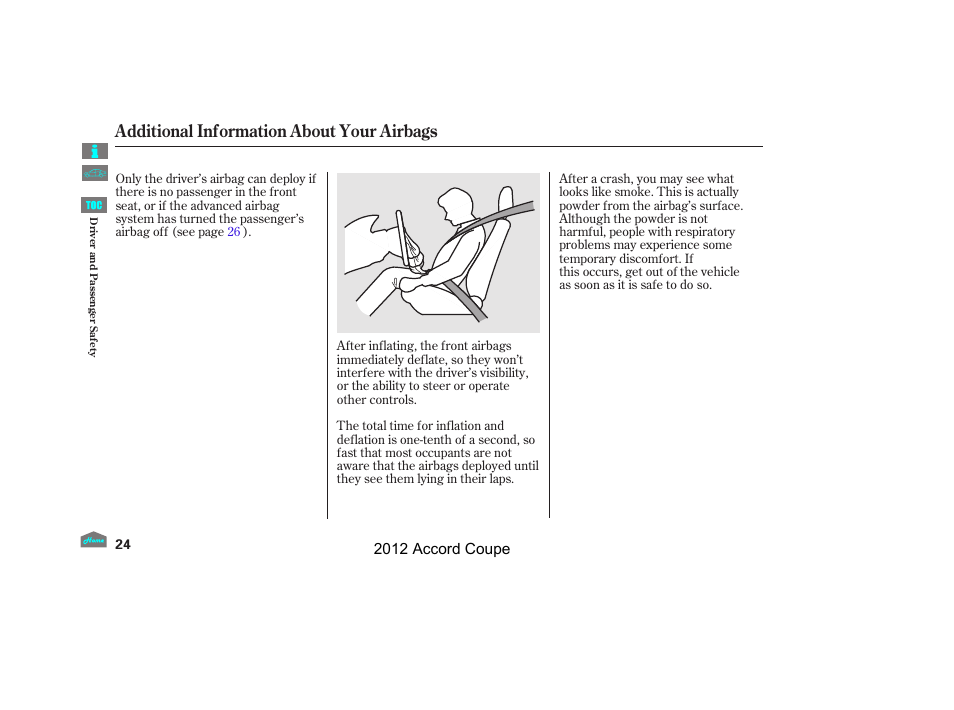 Additional information about your airbags, 2012 accord coupe | HONDA 2012 Accord Coupe User Manual | Page 27 / 454