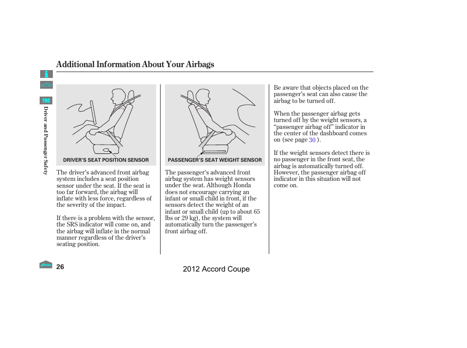 Additional information about your airbags, 2012 accord coupe | HONDA 2012 Accord Coupe User Manual | Page 29 / 454