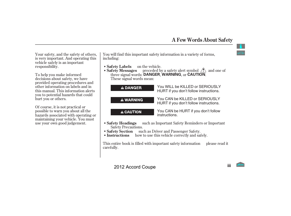 A few words about safety | HONDA 2012 Accord Coupe User Manual | Page 3 / 454