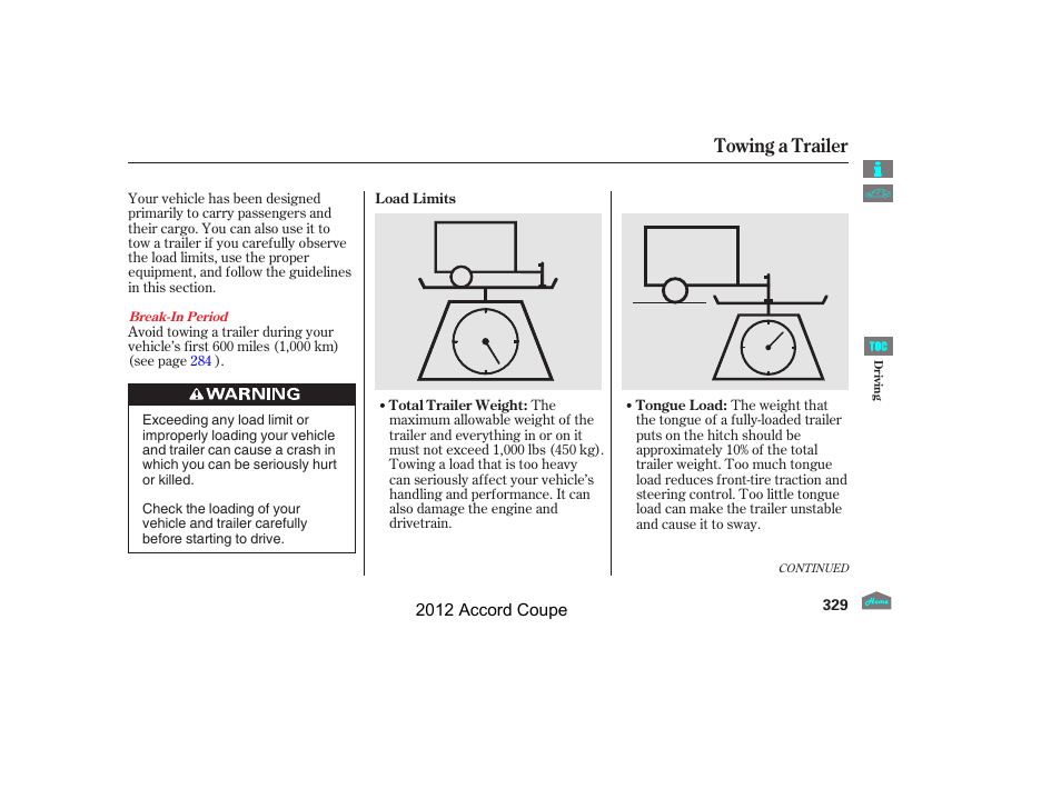 Towing a trailer | HONDA 2012 Accord Coupe User Manual | Page 332 / 454