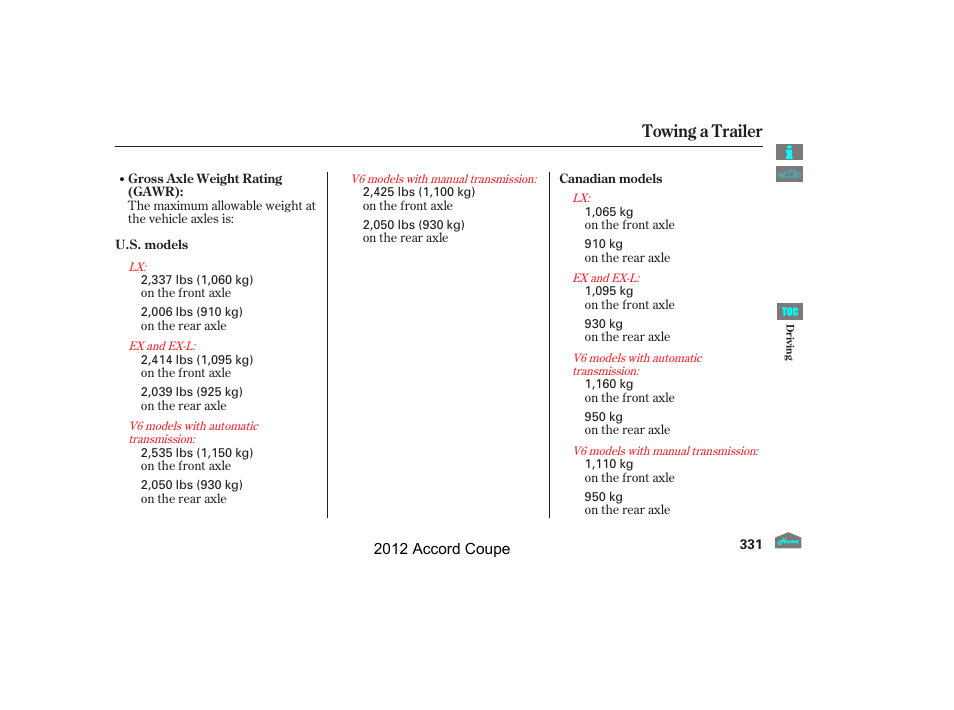 Towing a trailer | HONDA 2012 Accord Coupe User Manual | Page 334 / 454