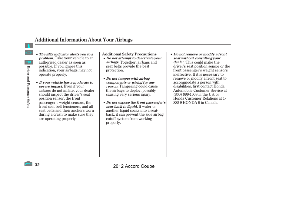 Additional information about your airbags, 2012 accord coupe | HONDA 2012 Accord Coupe User Manual | Page 35 / 454