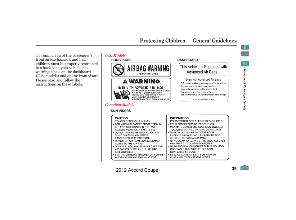 Protecting children general guidelines, 2012 accord coupe | HONDA 2012 Accord Coupe User Manual | Page 38 / 454