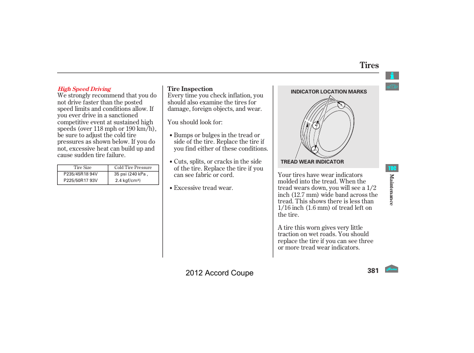 Tires, 2012 accord coupe | HONDA 2012 Accord Coupe User Manual | Page 384 / 454