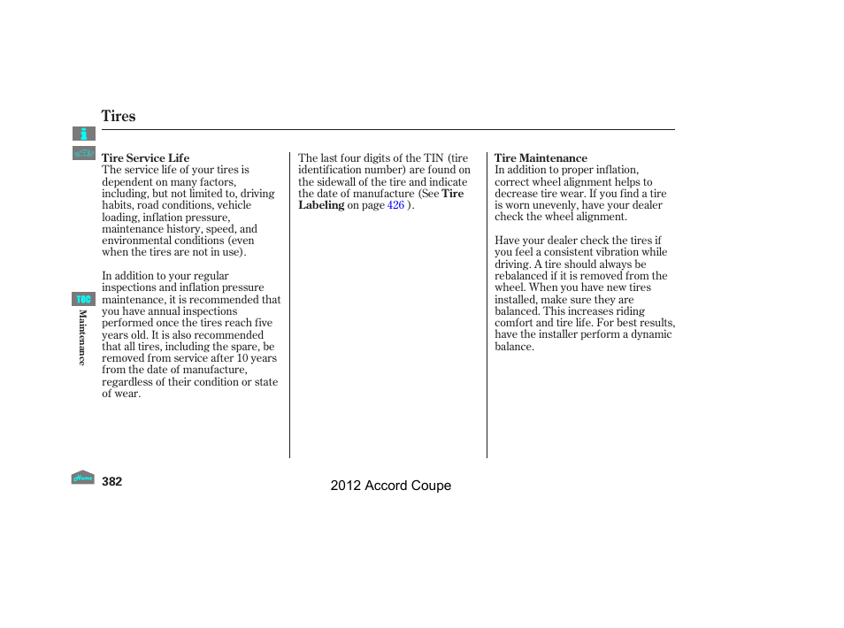 Tires | HONDA 2012 Accord Coupe User Manual | Page 385 / 454