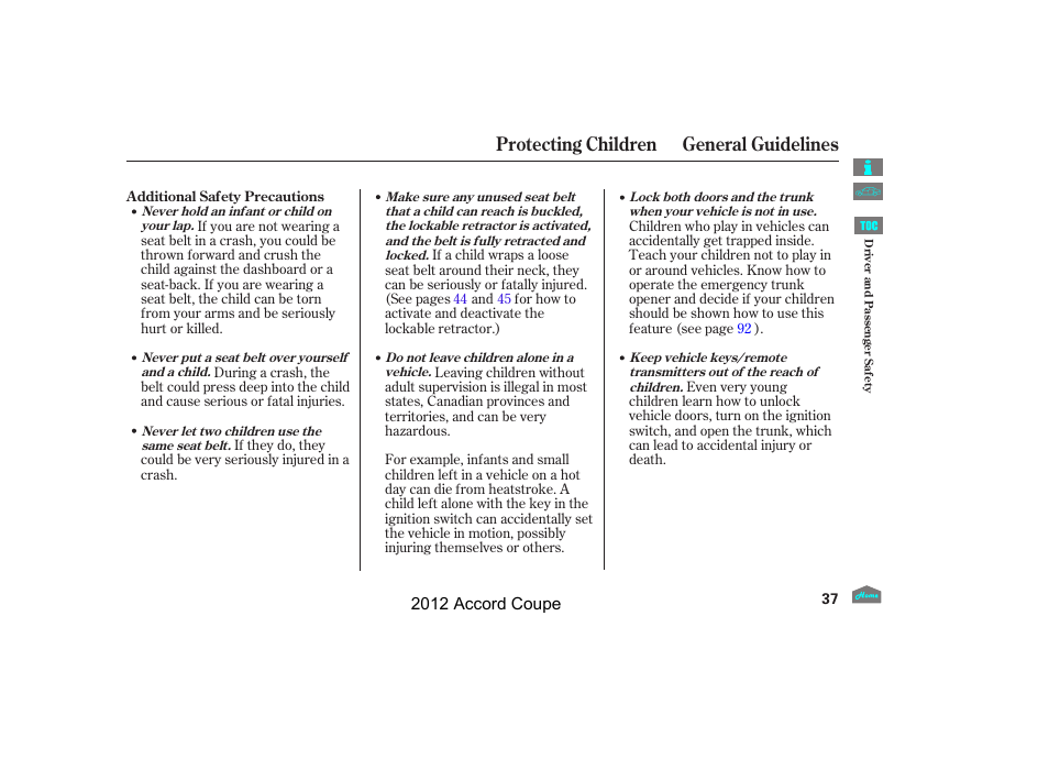 Protecting children general guidelines | HONDA 2012 Accord Coupe User Manual | Page 40 / 454