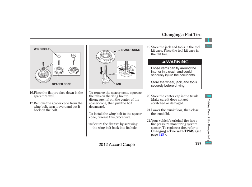 Changing a flat tire, 2012 accord coupe | HONDA 2012 Accord Coupe User Manual | Page 400 / 454