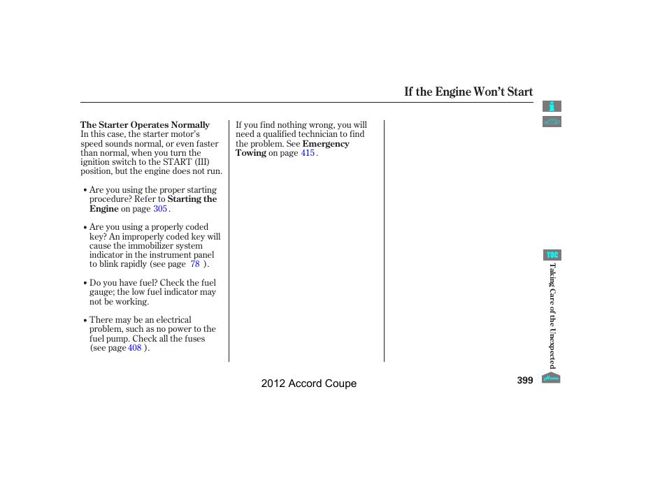 If the engine won’t start, 2012 accord coupe | HONDA 2012 Accord Coupe User Manual | Page 402 / 454