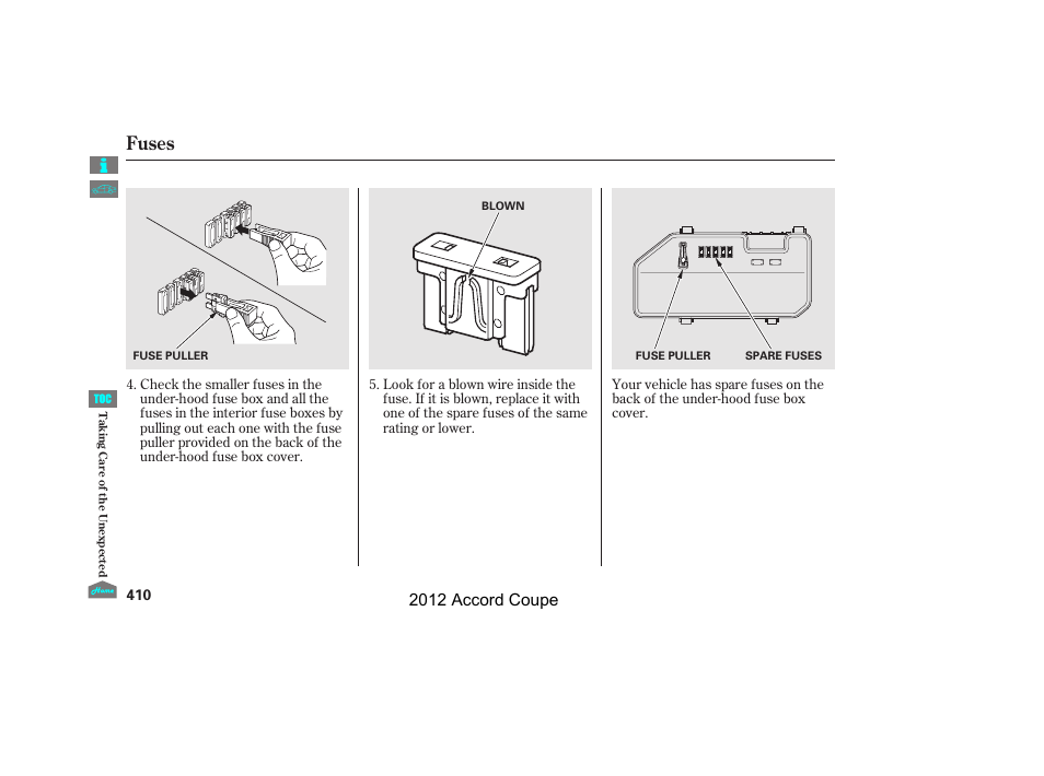 Fuses, 2012 accord coupe | HONDA 2012 Accord Coupe User Manual | Page 413 / 454