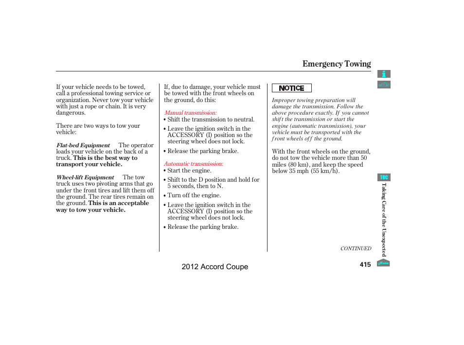 Emergency towing, 2012 accord coupe | HONDA 2012 Accord Coupe User Manual | Page 418 / 454
