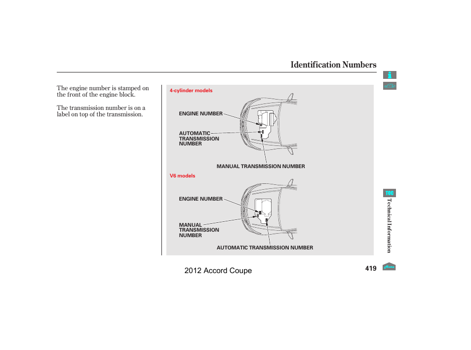 Identification numbers, 2012 accord coupe | HONDA 2012 Accord Coupe User Manual | Page 422 / 454