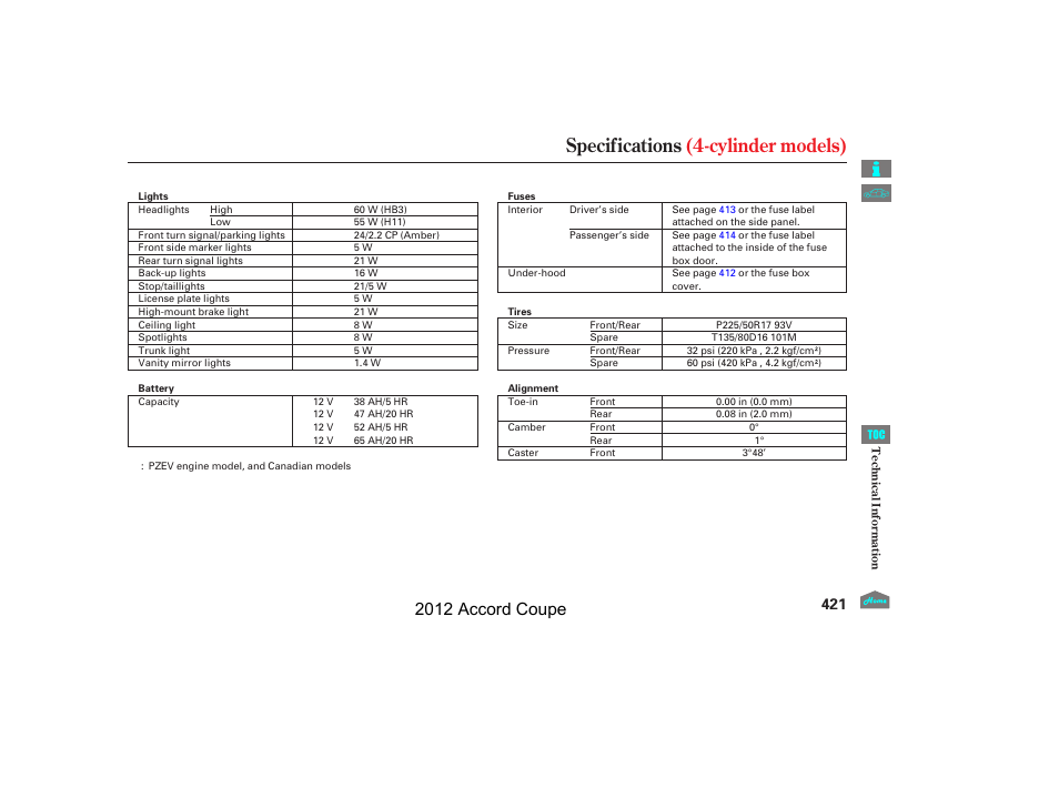 Specifications (4-cylinder models), 2012 accord coupe | HONDA 2012 Accord Coupe User Manual | Page 424 / 454