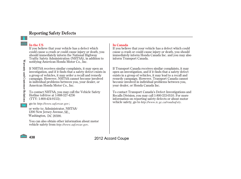 Reporting safety defects, 2012 accord coupe | HONDA 2012 Accord Coupe User Manual | Page 441 / 454