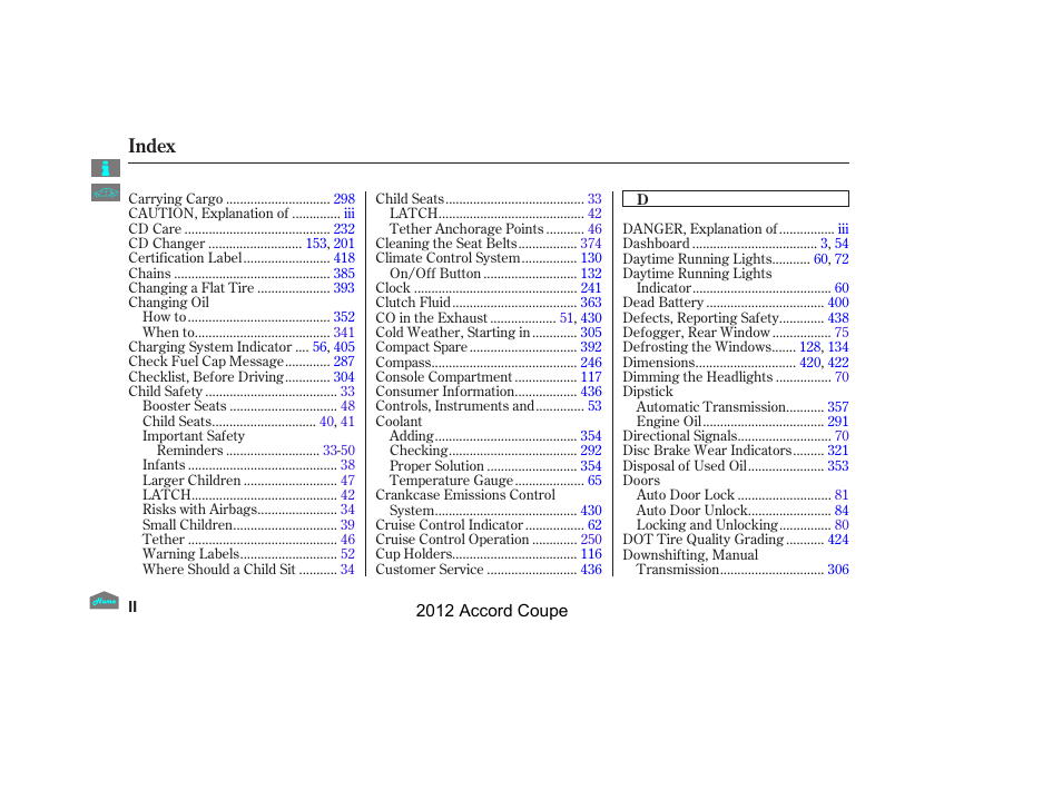 Index | HONDA 2012 Accord Coupe User Manual | Page 444 / 454