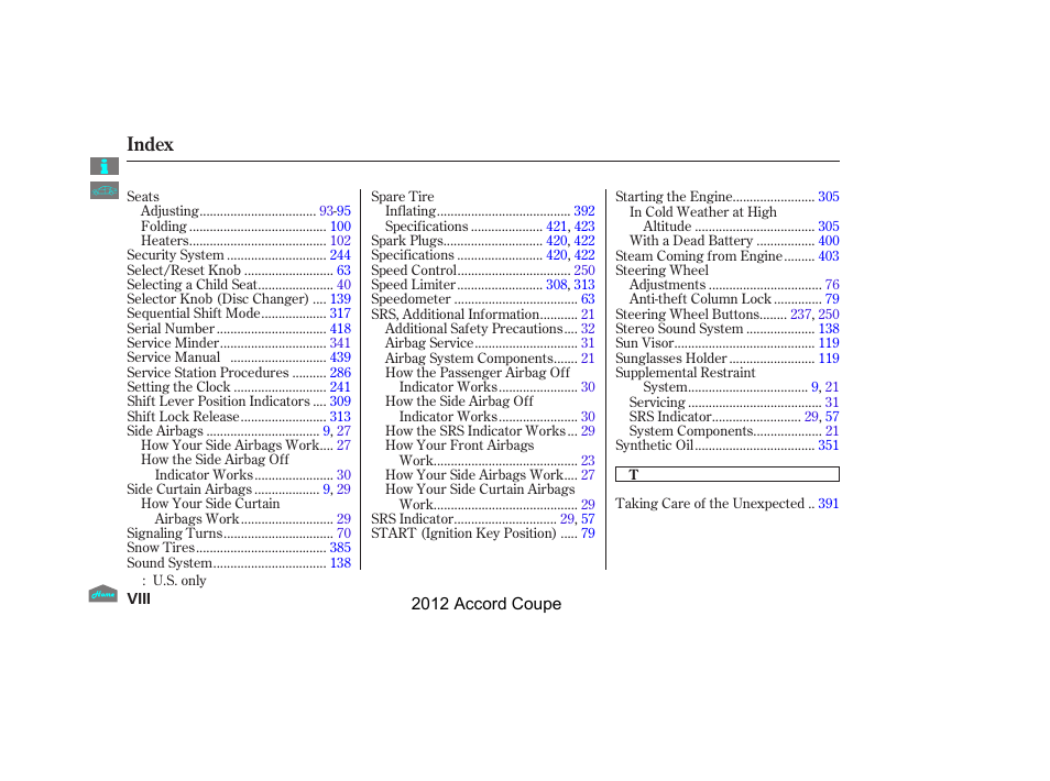 Index | HONDA 2012 Accord Coupe User Manual | Page 450 / 454