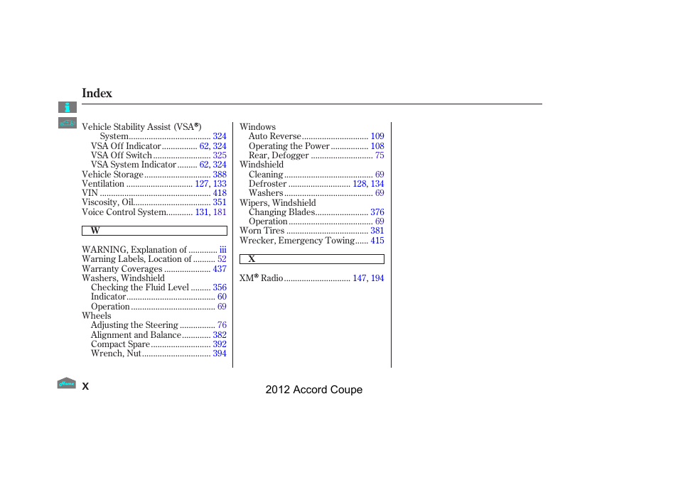 Index | HONDA 2012 Accord Coupe User Manual | Page 452 / 454