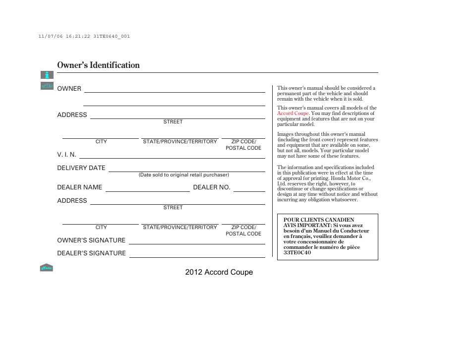 Owner’s identification, Owner's identification form, 2012 accord coupe | HONDA 2012 Accord Coupe User Manual | Page 454 / 454