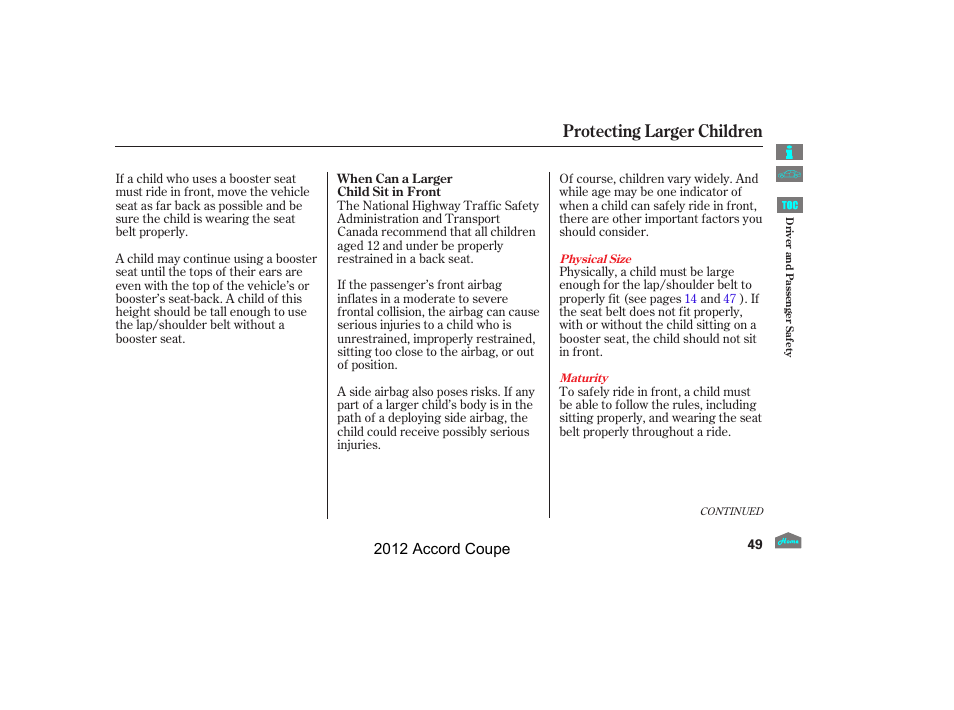 Protecting larger children | HONDA 2012 Accord Coupe User Manual | Page 52 / 454