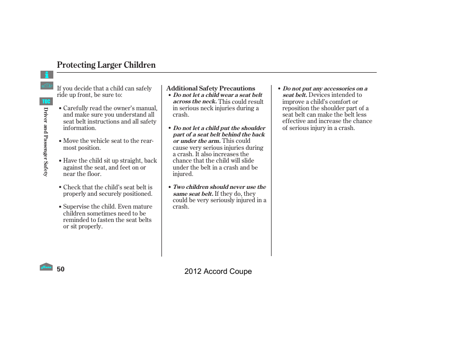 Protecting larger children | HONDA 2012 Accord Coupe User Manual | Page 53 / 454