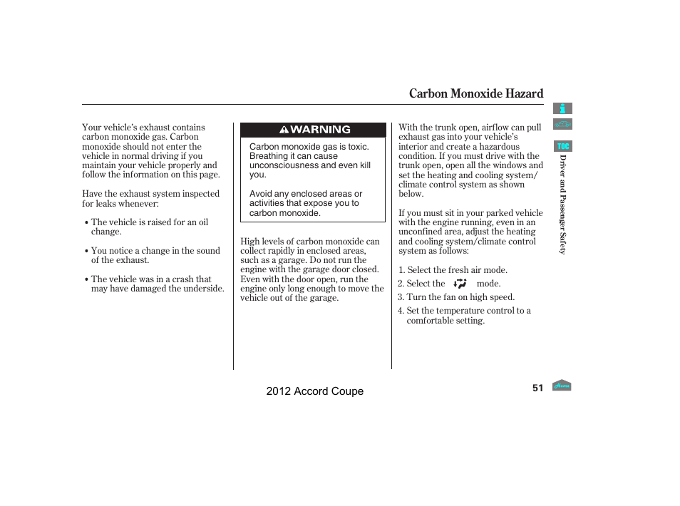 Carbon monoxide hazard | HONDA 2012 Accord Coupe User Manual | Page 54 / 454