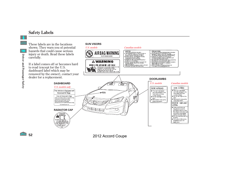 Safety labels, 2012 accord coupe | HONDA 2012 Accord Coupe User Manual | Page 55 / 454