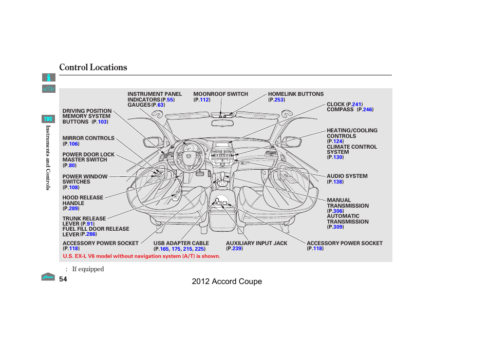 Control locations, 2012 accord coupe | HONDA 2012 Accord Coupe User Manual | Page 57 / 454