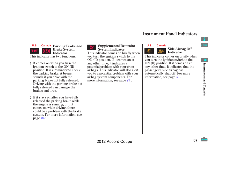 Instrument panel indicators, 2012 accord coupe | HONDA 2012 Accord Coupe User Manual | Page 60 / 454