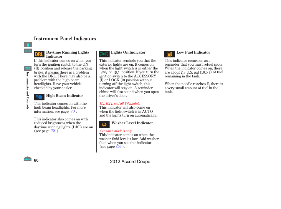 Instrument panel indicators | HONDA 2012 Accord Coupe User Manual | Page 63 / 454