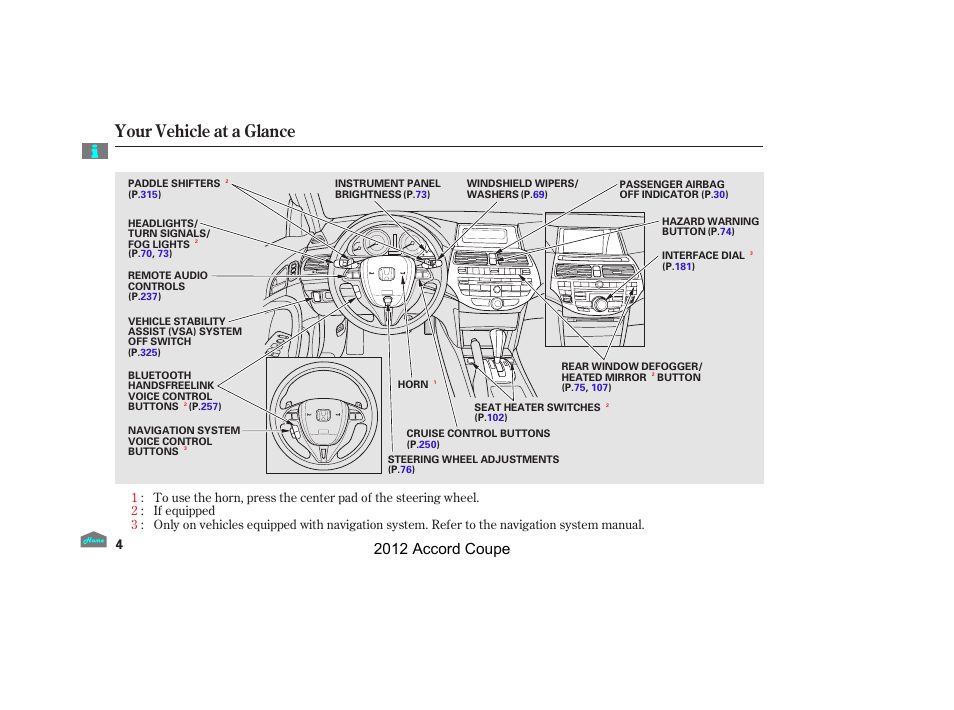Your vehicle at a glance, 2012 accord coupe | HONDA 2012 Accord Coupe User Manual | Page 7 / 454