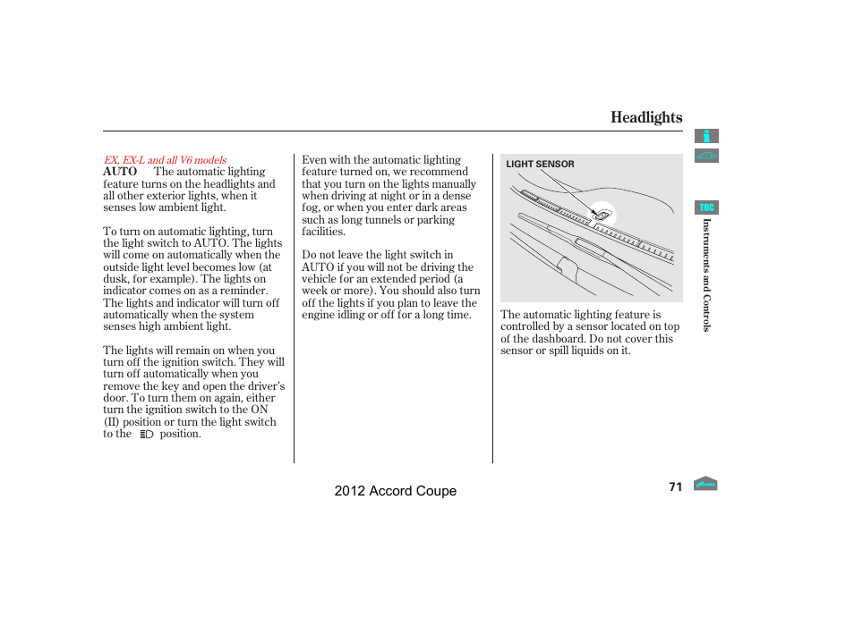 Headlights, 2012 accord coupe | HONDA 2012 Accord Coupe User Manual | Page 74 / 454