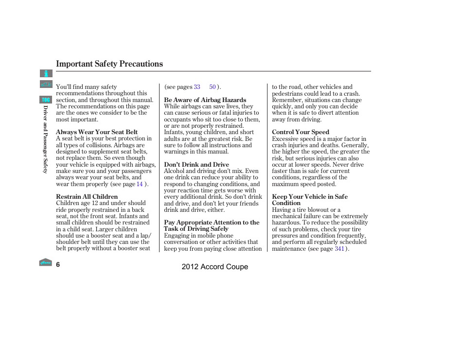 Important safety precautions | HONDA 2012 Accord Coupe User Manual | Page 9 / 454