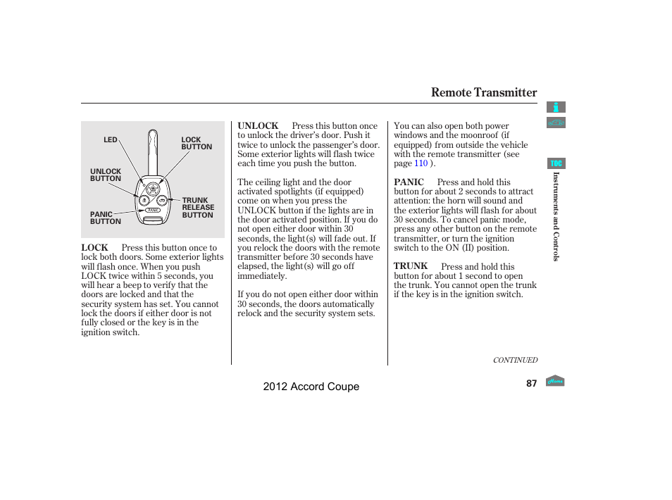 Remote transmitter, 2012 accord coupe | HONDA 2012 Accord Coupe User Manual | Page 90 / 454