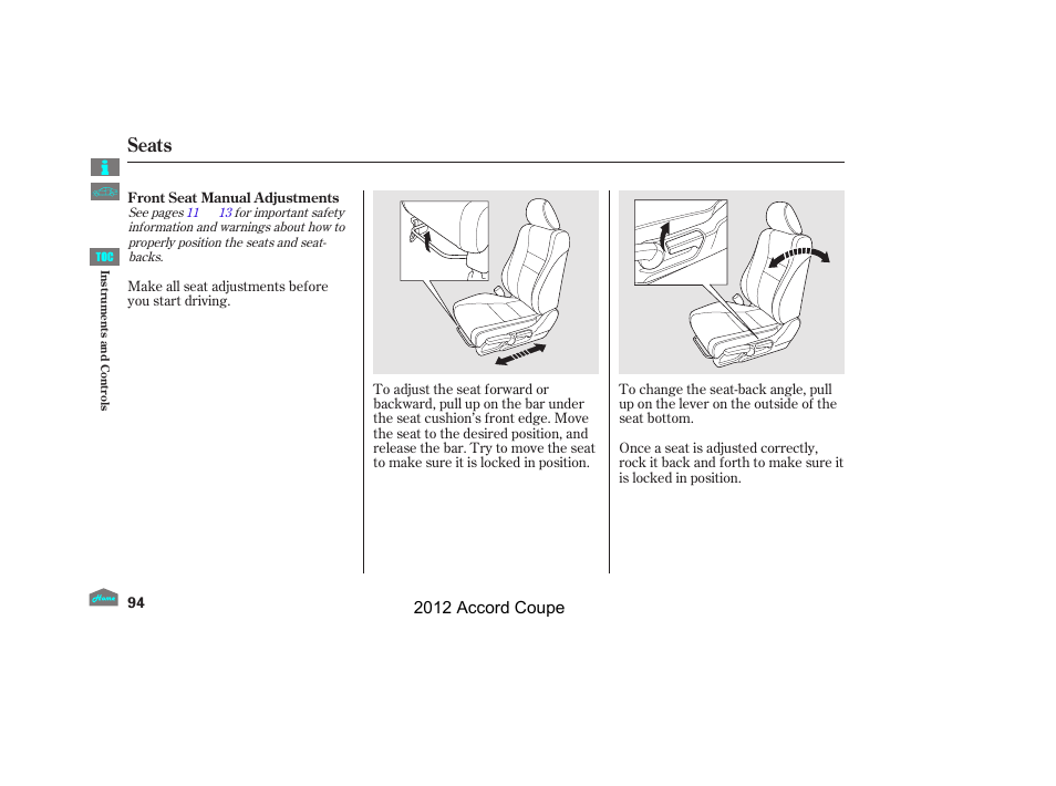 Seats, 2012 accord coupe | HONDA 2012 Accord Coupe User Manual | Page 97 / 454