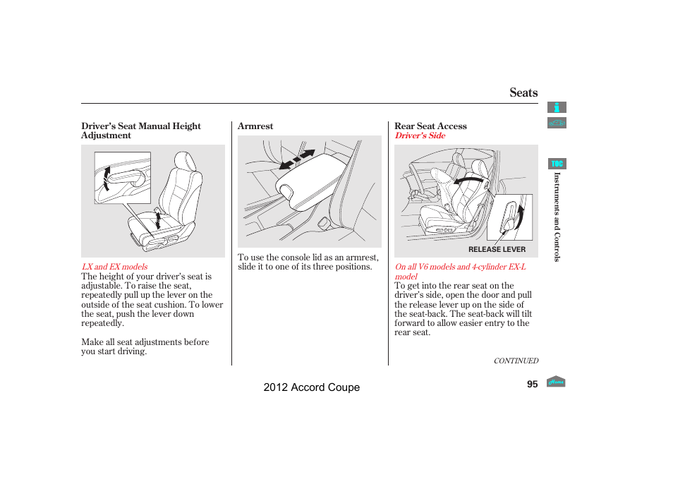 Seats, 2012 accord coupe | HONDA 2012 Accord Coupe User Manual | Page 98 / 454