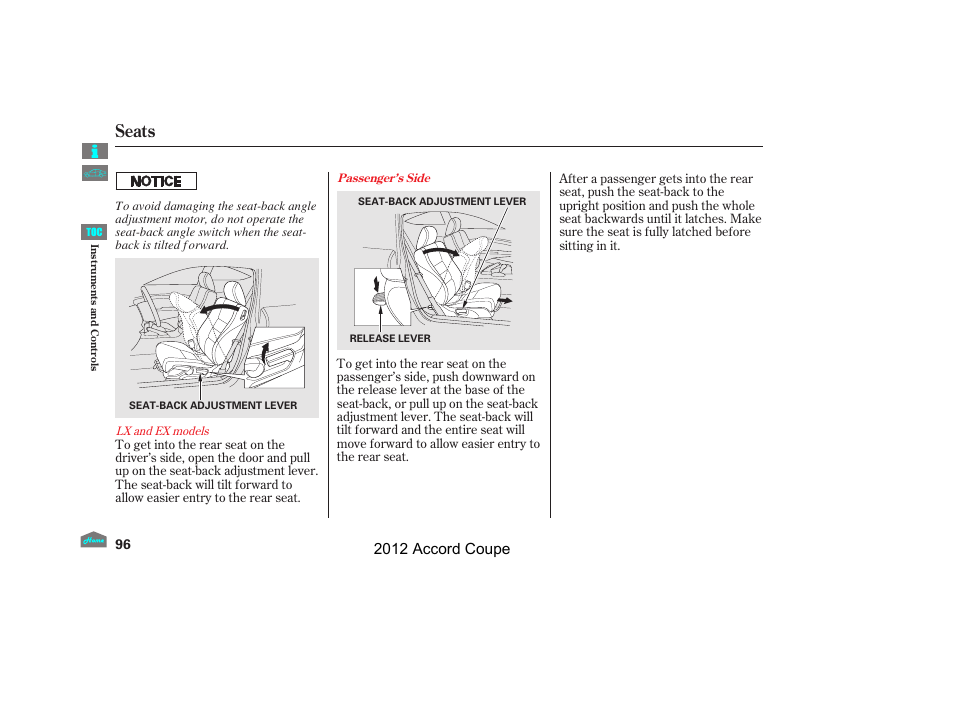 Seats, 2012 accord coupe | HONDA 2012 Accord Coupe User Manual | Page 99 / 454