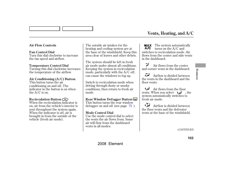 Vents, heating, and a/c | HONDA 2008 Element User Manual | Page 107 / 281