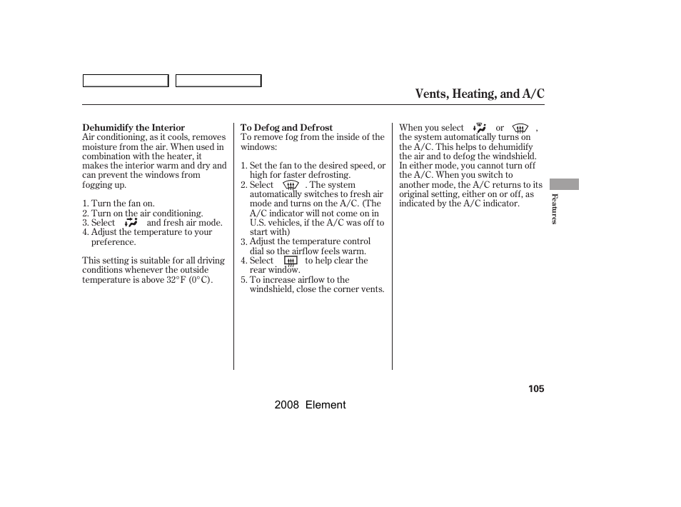 Vents, heating, and a/c | HONDA 2008 Element User Manual | Page 109 / 281
