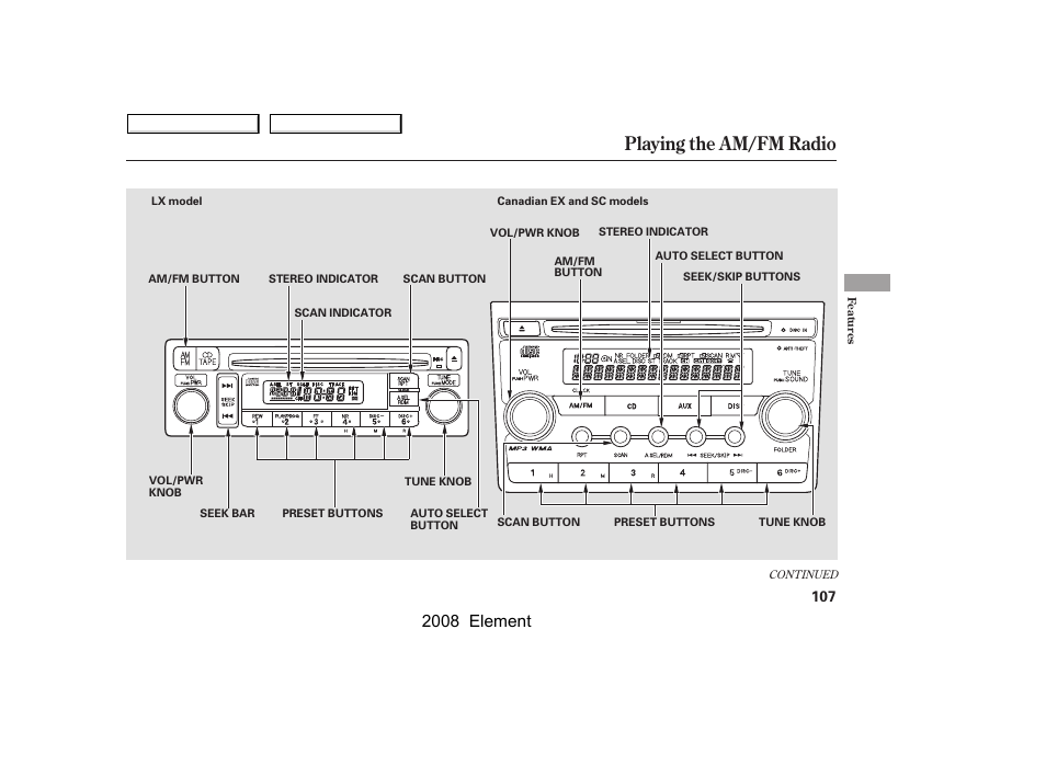 Playing the am/fm radio, 2008 element | HONDA 2008 Element User Manual | Page 111 / 281