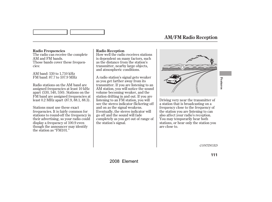 Am/fm radio reception | HONDA 2008 Element User Manual | Page 115 / 281