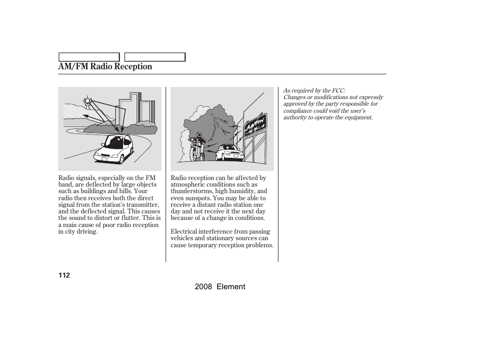 Am/fm radio reception | HONDA 2008 Element User Manual | Page 116 / 281