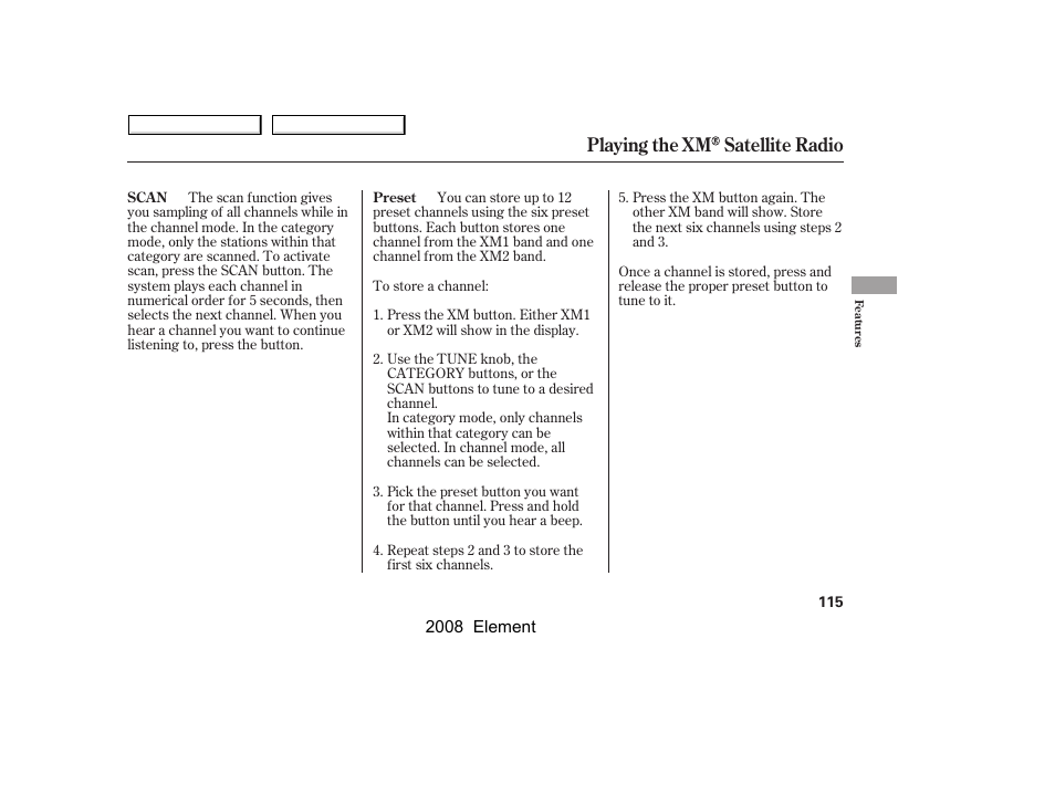 Playing the xm satellite radio | HONDA 2008 Element User Manual | Page 119 / 281